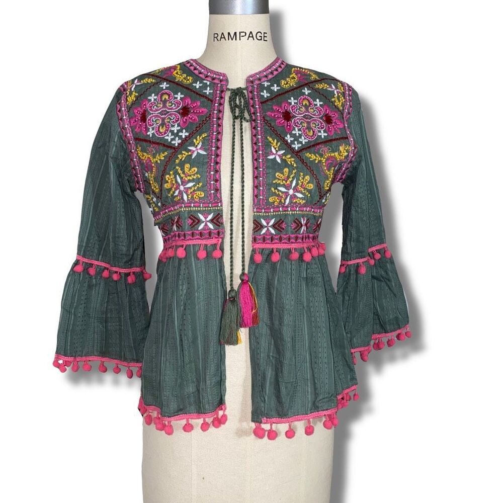 Zara Womens Size Medium Embroidered Kimono Cape Cardigan Green Pink Tie Neck NWT